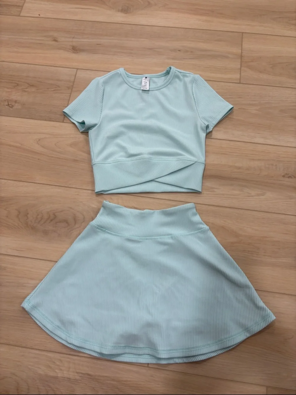 Yogalicious Light Aqua Ribbed Crop Top & Circle Skirt Set